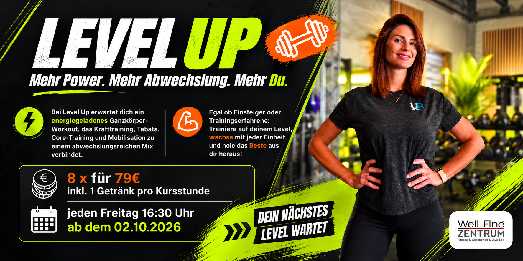 Level Up Kursangebot: acht Termine für 79 Euro, freitags um 16:30 Uhr ab dem 2. Oktober 2026.